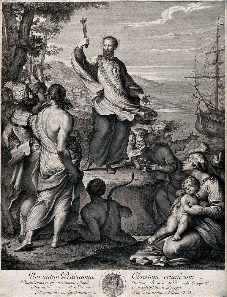 Saint Francis Xavier, holding a crucifix, is preaching to a group of people during one of his missions in India. Engraving…