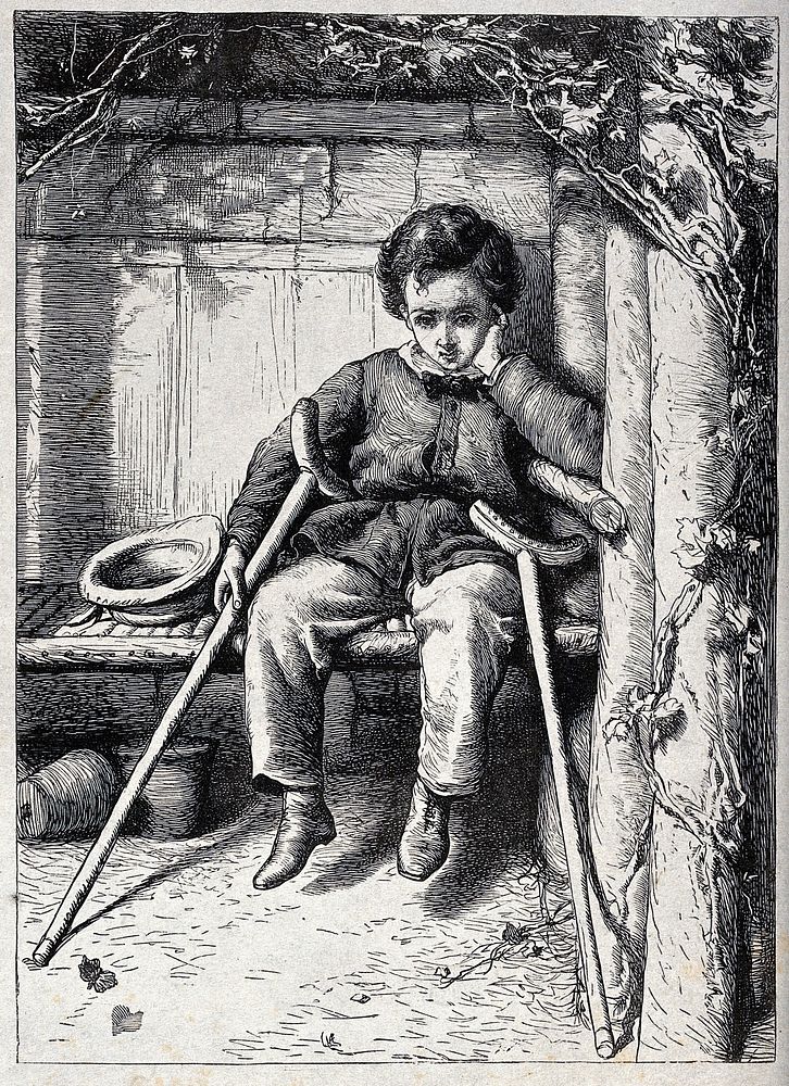 A boy with crutches sitting on a bench in a bucolic environment looking pensively. Wood engraving.