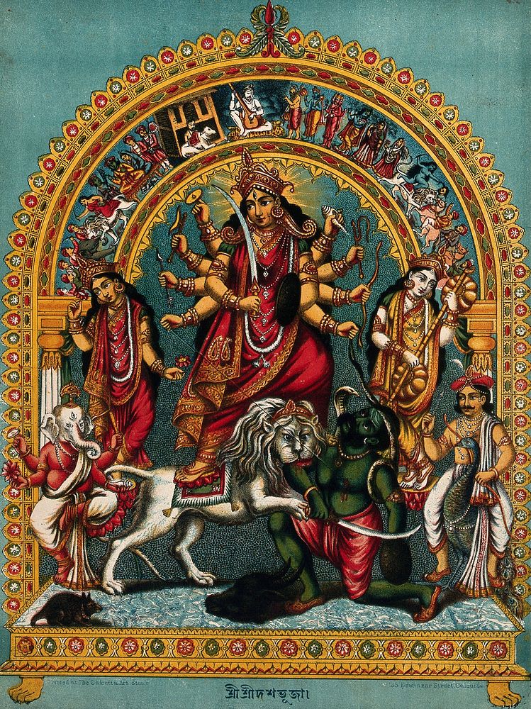 Durga slaying the Buffalo Demon on a stand within a torana surrounded by deities. Chromolithograph.