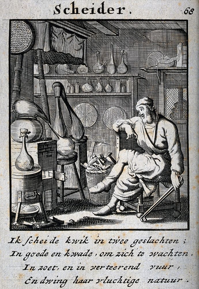 An elderly alchemist sitting next to his equipment. Engraving by C. Weigel, 1698.