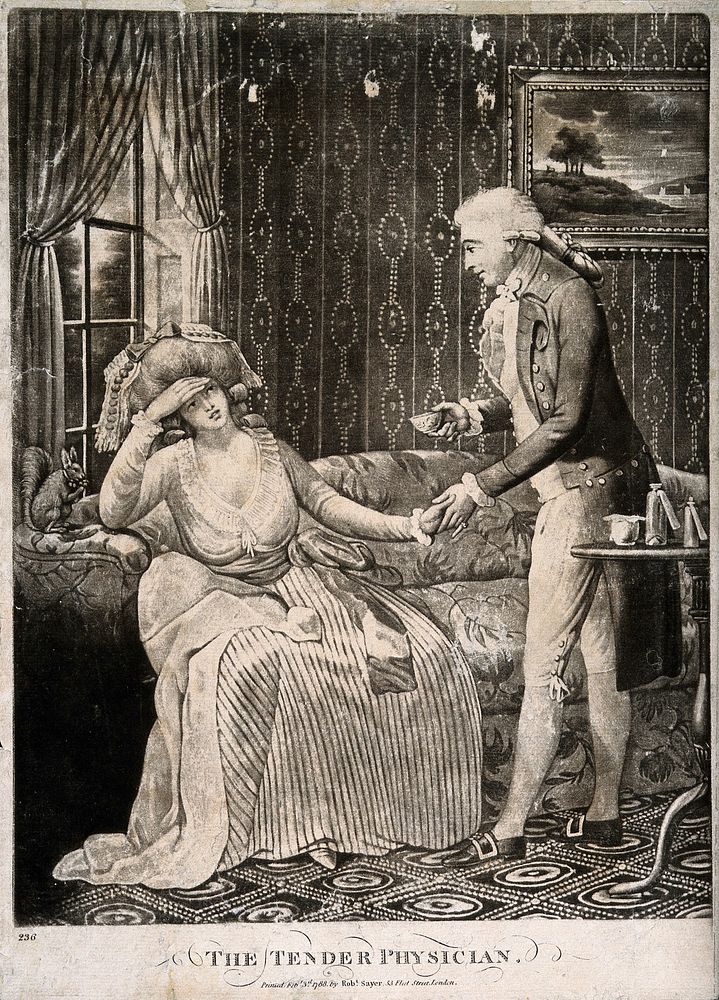 A young male physician holding the hand of a female patient, a squirrel is seated next to her chewing. Mezzotint.