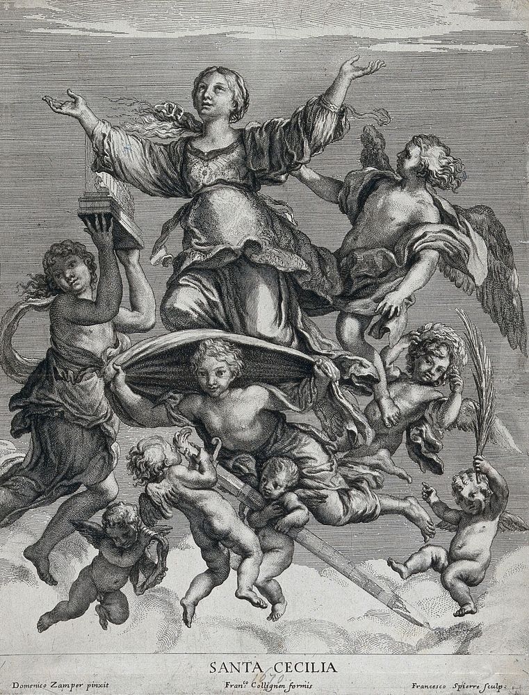 Saint Cecilia. Engraving by F. Spierre after D. Zampieri, il Domenichino.