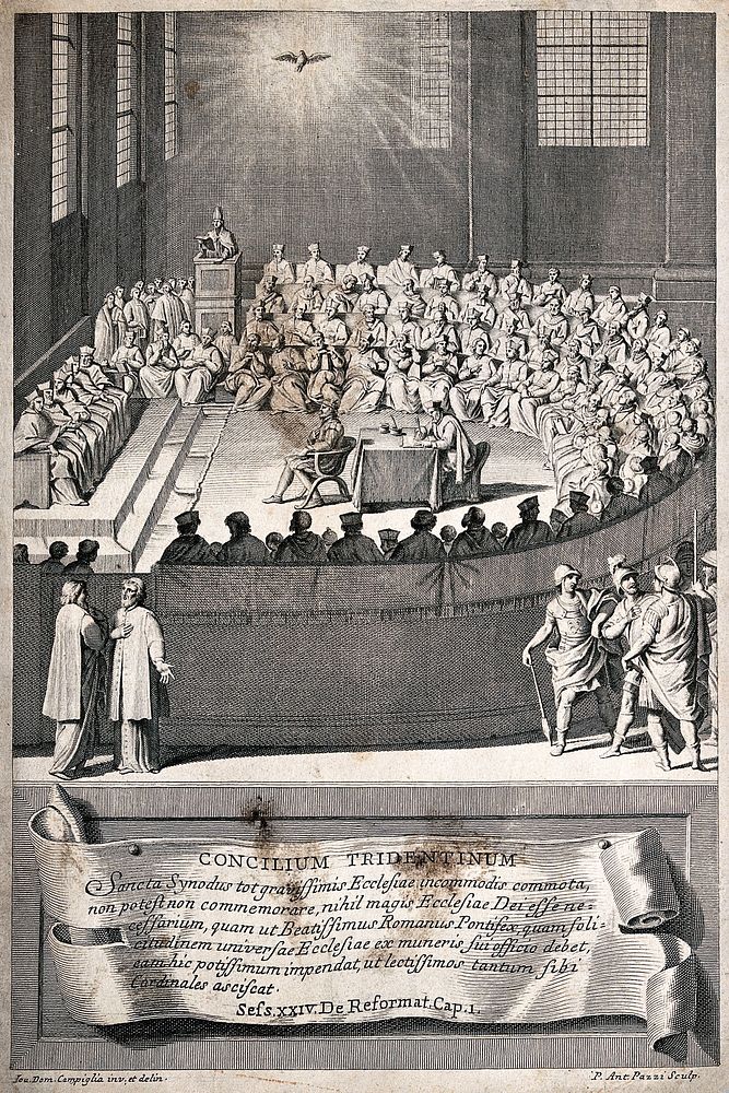 The Council of Trent: the Holy Ghost appearing above the councillors. Engraving by P.A. Pazzi after Giovanni Domenico…