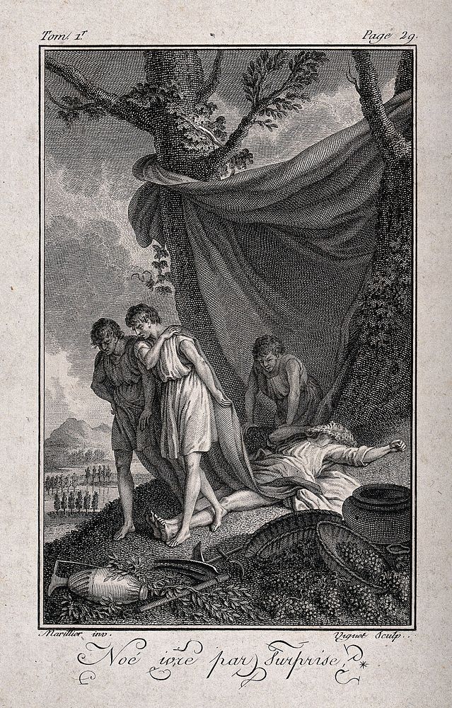 Shem and Japheth cover their father's nakedness; Ham has already witnessed it. Etching by Viguet after C.P. Marillier.