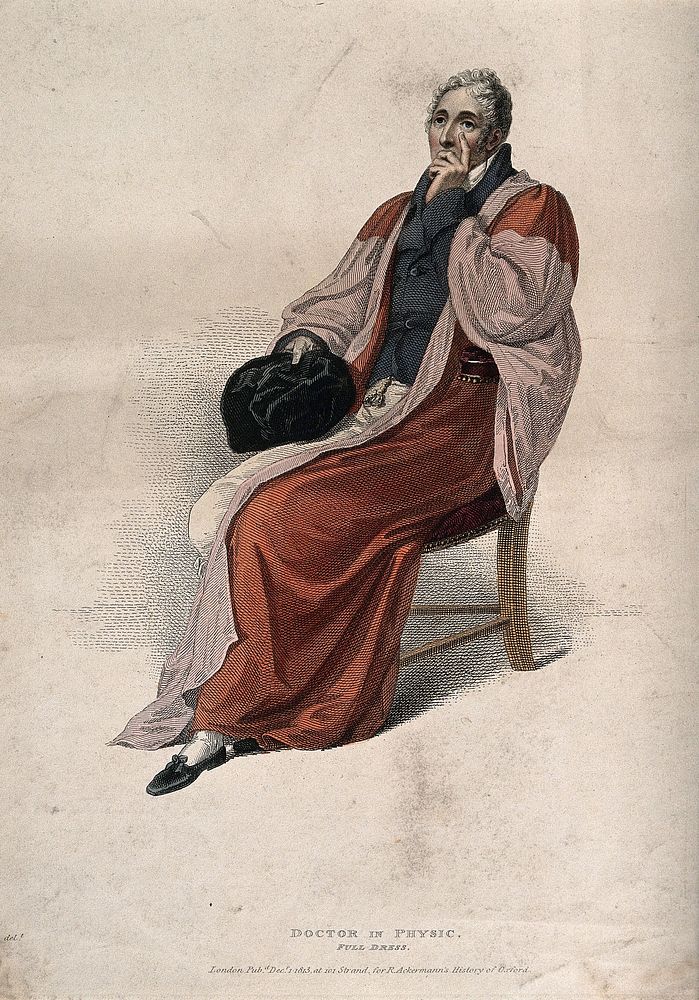 A doctor of physic in his ceremonial congregation robes at Oxford. Coloured engraving by J. Agar, 1813, after T. Uwins.