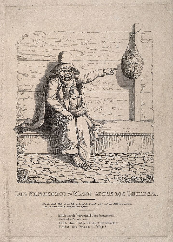 A monkey dressed in preparation against the cholera epidemic. Etching, c. 1832.