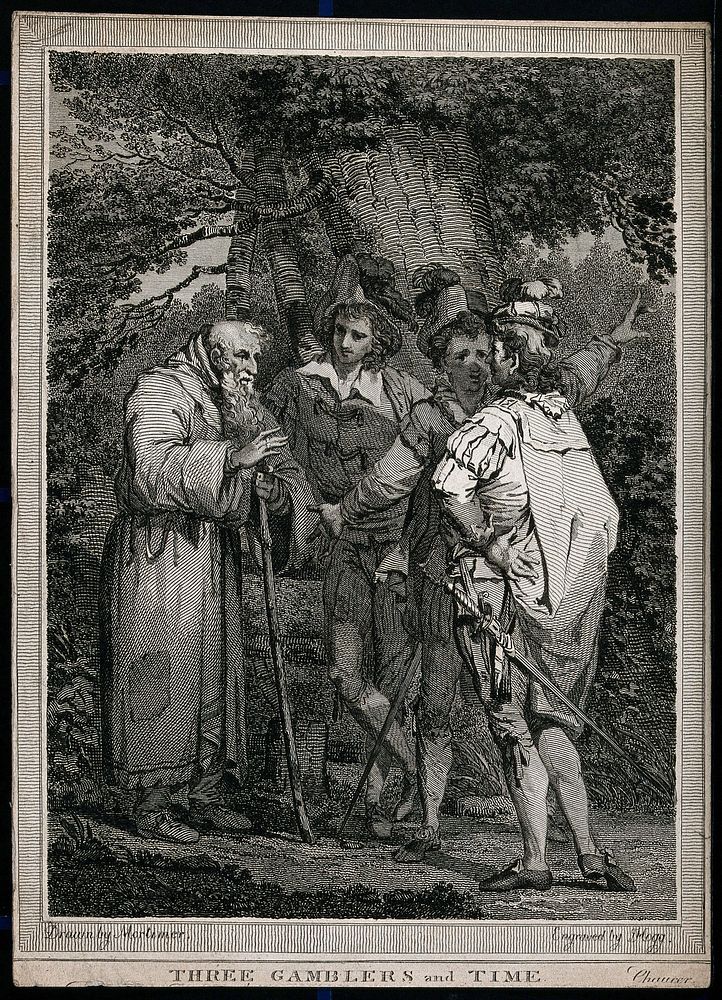 Three gamblers and an old man; representing the vain fight with time. Engraving by J. Hogg after J.H. Mortimer after G.…