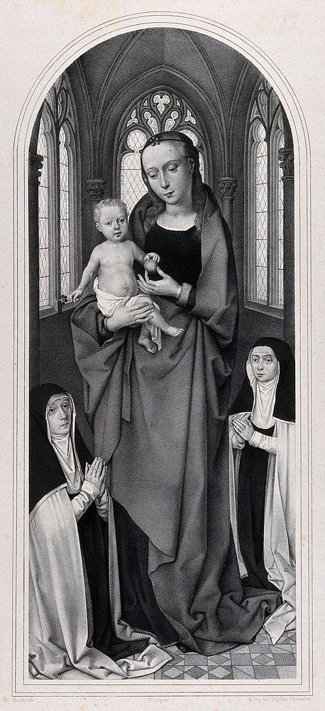 The Virgin and the Christ Child with two nuns. Lithograph by E. Manche after H. Memlinc.