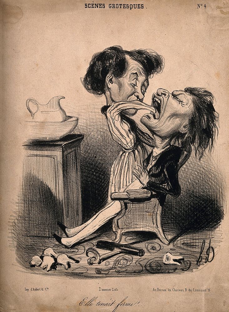 A woman reaches down into a man's throat to pull out another tooth; teeth lie scattered on the floor. Lithograph by H.…