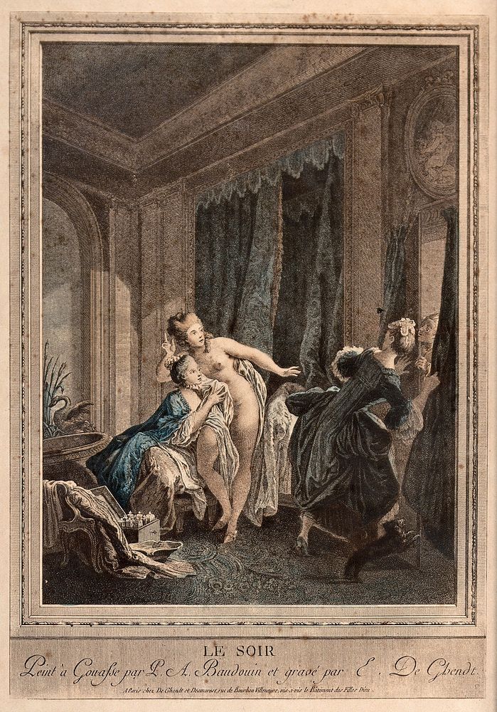 A young woman is disturbed at her evening toilette by a boy arriving at the door. Colour engraving by Emmanuel de Ghendt…