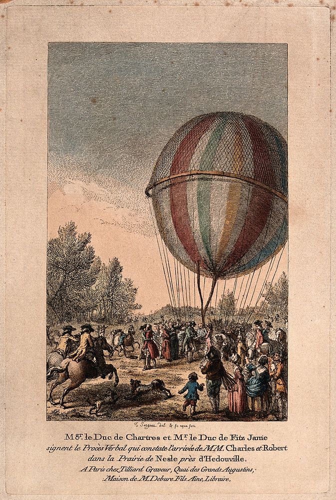 A hydrogen balloon has landed at Nesles-la-Vallée in 1783: mounted men ride to greet the balloonists, others gather to…