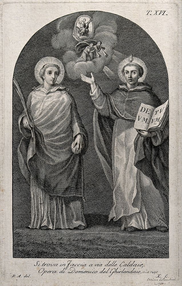 Christ with Saint Stephen and Saint Thomas Aquinas. Etching by C. Colombini after R.A. after D. Ghirlandaio .