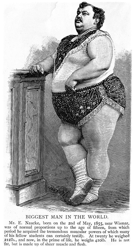 Mr E. Naucke, weighing 410 lbs. Reproduction of wood engraving.