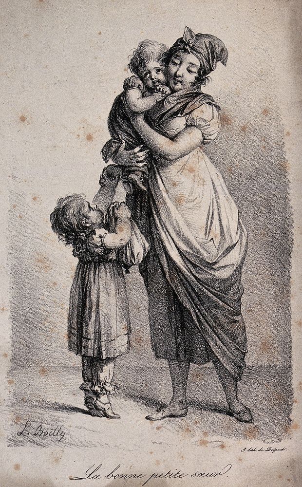 A woman is holding a child in her arms and her sister is standing on tiptoe trying to offer her an apple. Lithograph by…