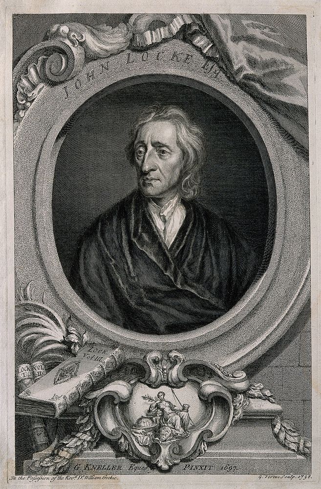 John Locke. Line engraving by G. Vertue, 1738, after Sir G. Kneller, 1697.