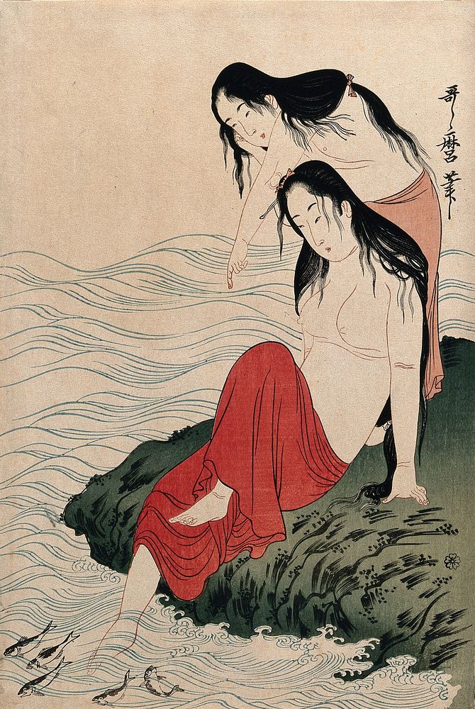 Two amas (women divers) on shore watching fish in the water. Colour woodcut after Utamaro, 1900/1920 .