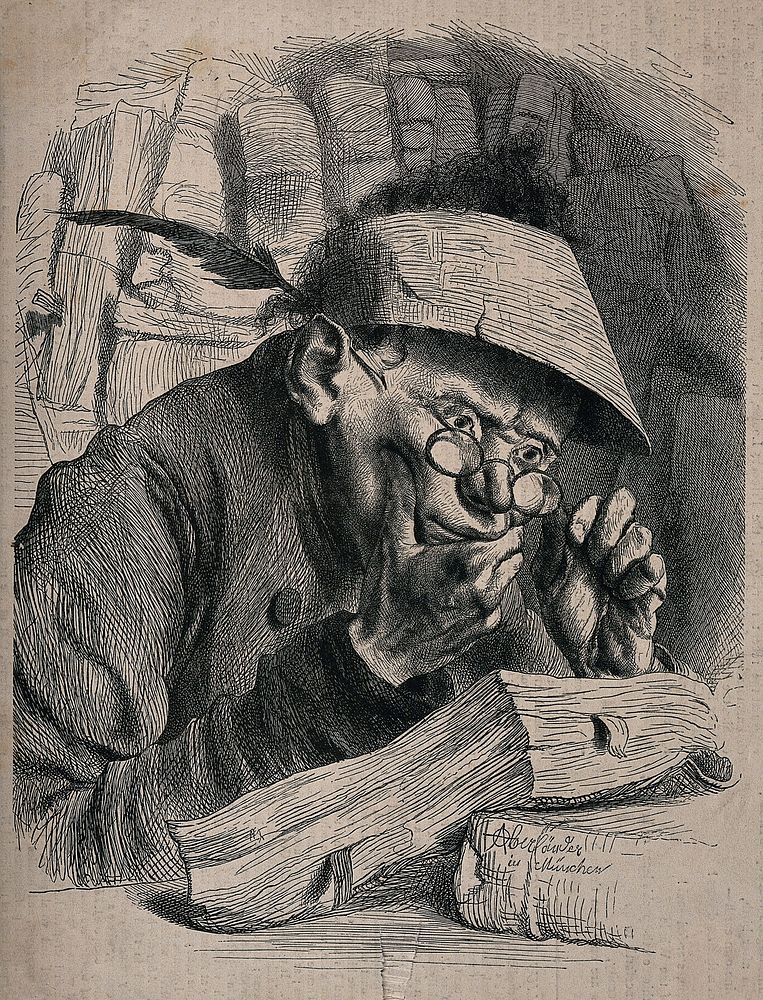 A young man sits reading ledgers at his desk wearing spectacles and an eyeshade. Wood engraving after A. Oberländer.