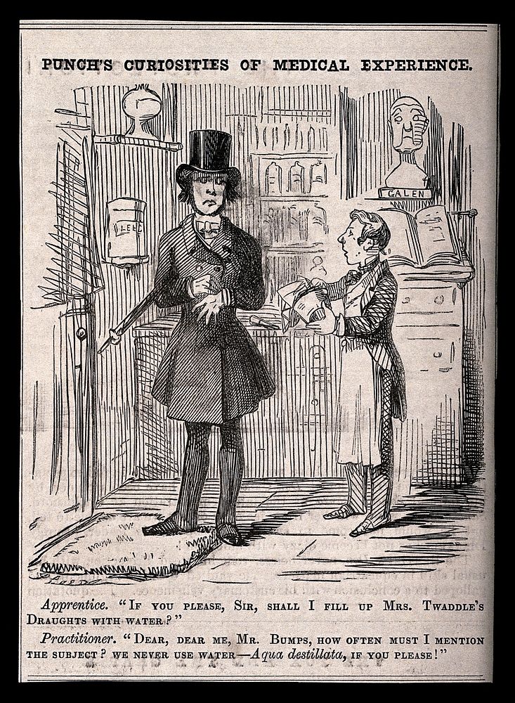 A doctor telling his apprentice how to use language correctly. Wood engraving after J. Leech, 1846.
