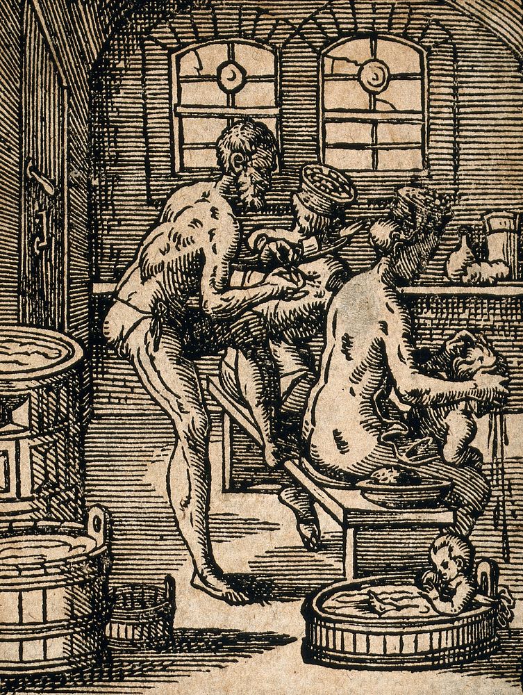A bath-house in which the attendant bathes his customers and applies cupping glasses to their backs. Woodcut by J. Amman.