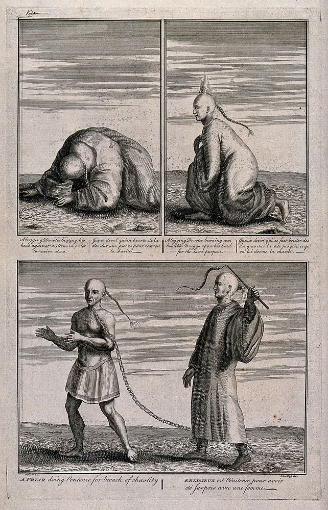 Top: Chinese men seeking alms by threatening to kill themselves by self-mutilation, one (left) kneeling to hit his head…