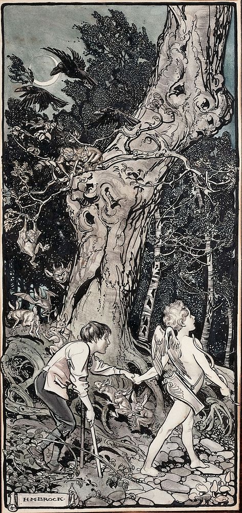 Cupid leading a lame boy through a forest, watched by demons and animals. Watercolour by H.M. Brock, 1907.