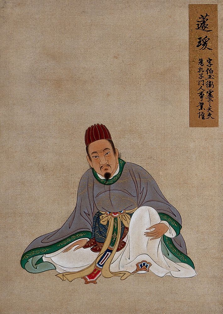 A Chinese figure, seated, wearing pale mauve robes with green border and brown hat. Painting by a Chinese artist, ca. 1850.