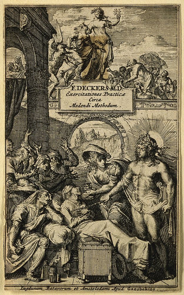 Above, a woman personifying health addresses Death; below, Apollo, attended by an agitated crowd of patients, heals a sick…