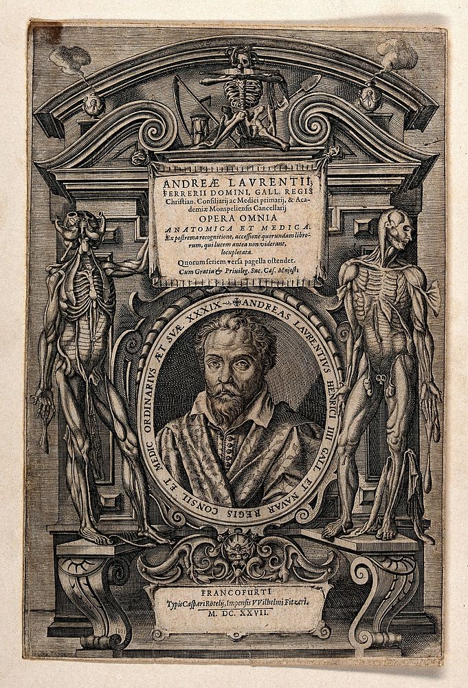 The portrait of Andreas Laurentius (Dulaurens) within a frame decorated with a pediment, scrollwork and écorché figures.…