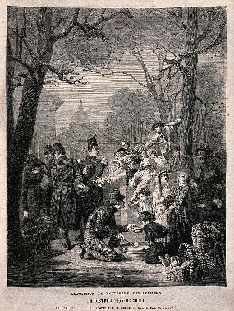 A group of men in uniform hand out bread and soup to children and adults with their arms outstretched. Wood engraving by H.…