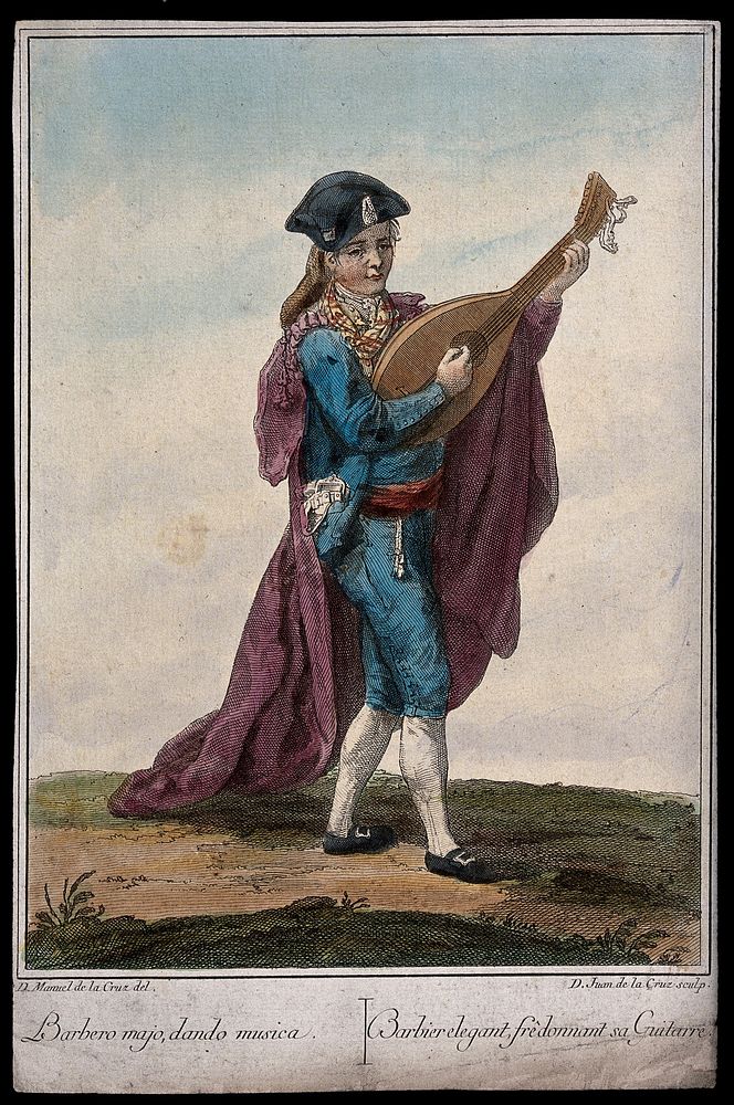 A barber wearing a long cloak is playing the guitar. Coloured engraving by Juan de la Cruz after Manuel de la Cruz.
