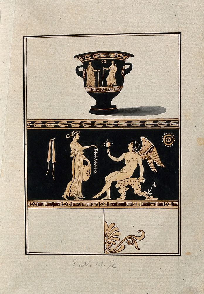 Above, red-figured Greek wine-mixing bowl (bell-krater); below, detail of the decoration showing a seated winged figure and…