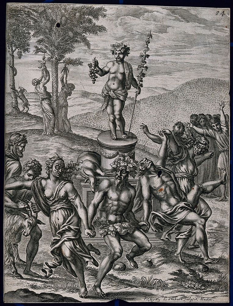 Athenians wearing masks celebrate the vintage by dancing around a statue of Bacchus and sacrificing a goat to him. Engraving…