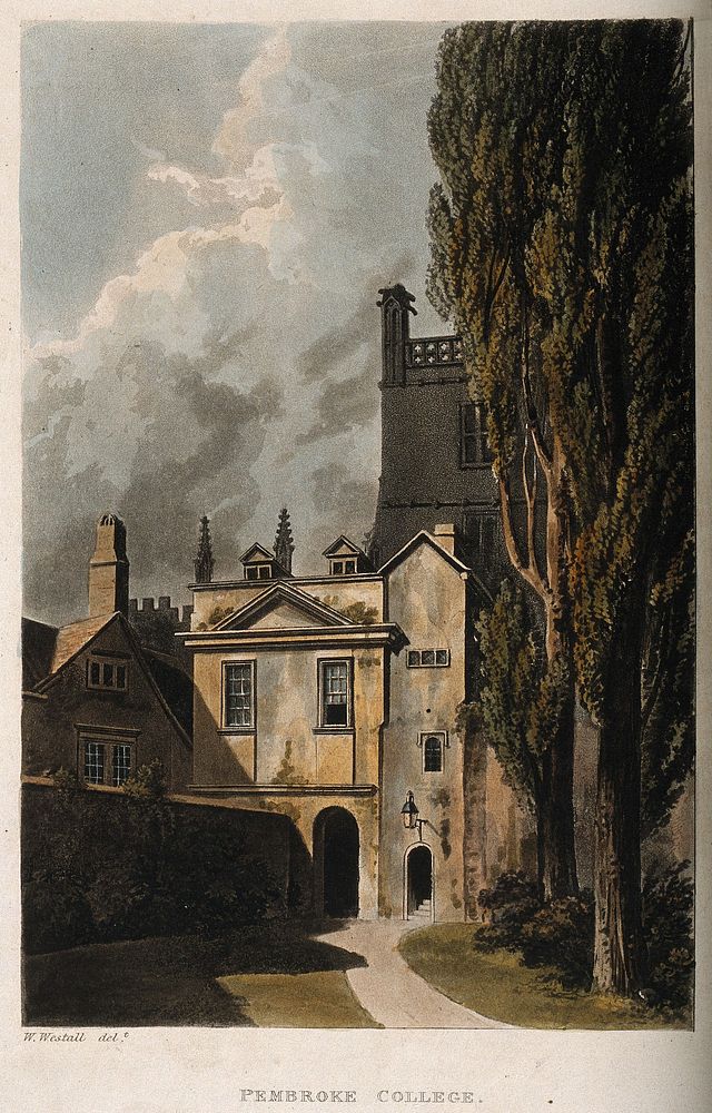 Pembroke College, Oxford. Coloured aquatint after W. Westall.