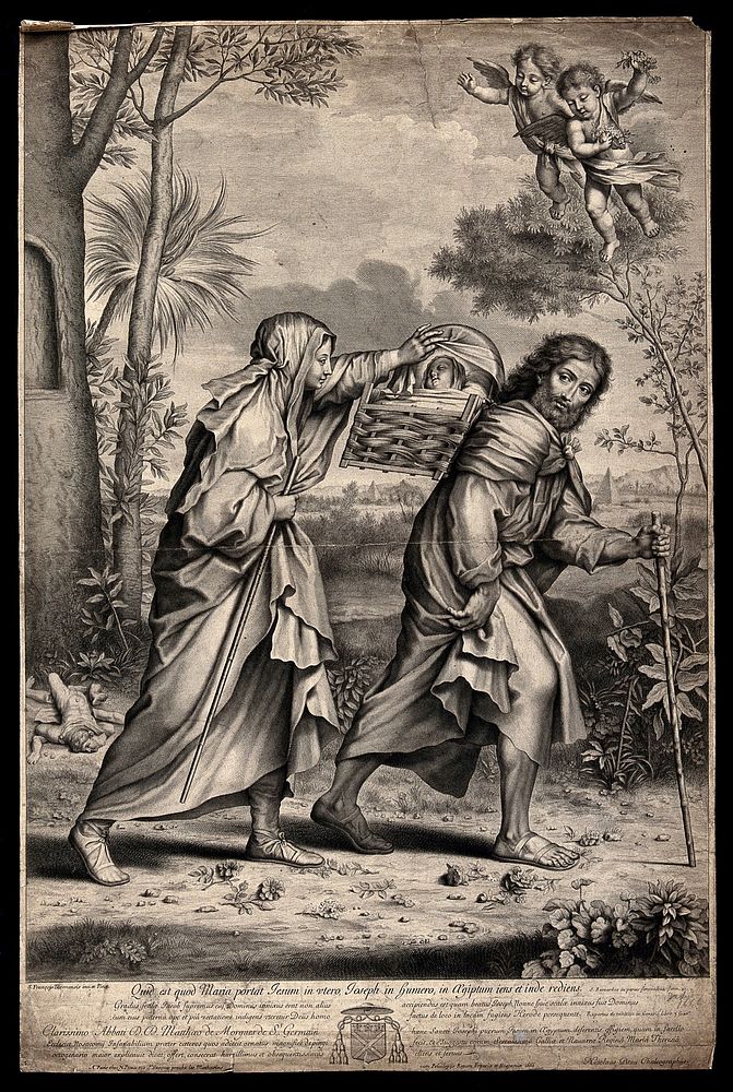 Mary and Joseph walk to Egypt with the infant Jesus. Engraving by N. Pitau, 1666, after S. François.