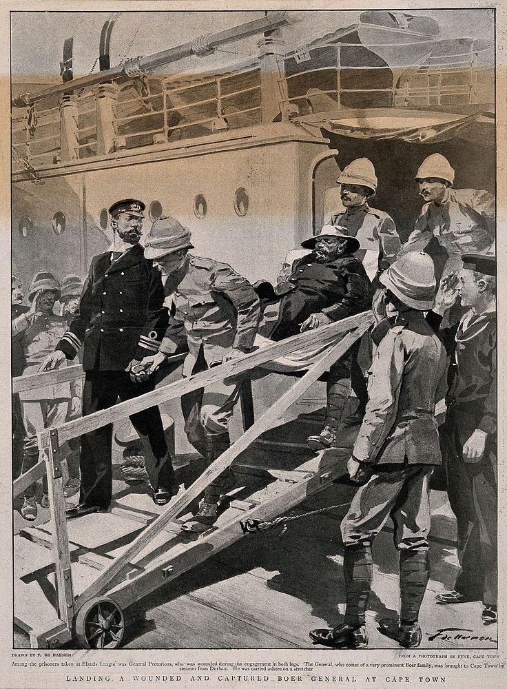 Boer War: a wounded Boer General prisoner being taken off the ship at Cape Town. Process print after F. de Haenen after Fyne.
