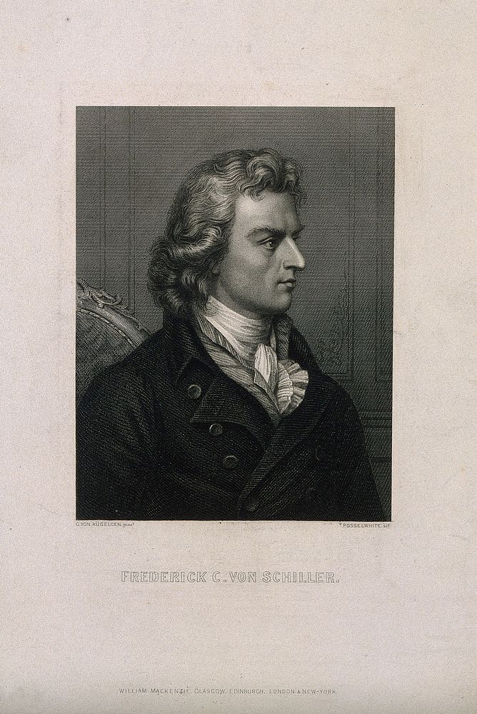 Johann Christoph Friedrich von Schiller, seated, in right profile. Engraving by J. Posselwhite after F. G. von Kügelgen.