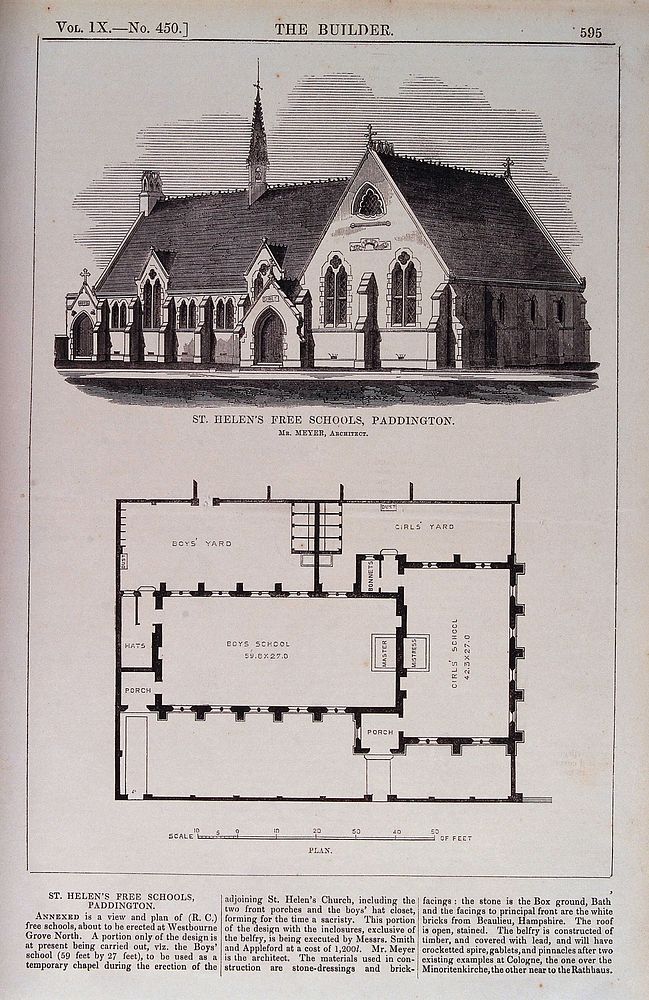 St Helen's Free School, Paddington, London: the elevation, above, and the plan, below, with a scale. Wood engraving, 1851…
