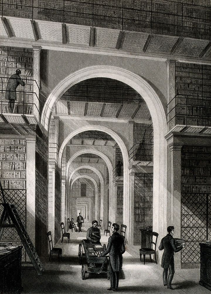 The British Museum: the Additional Library, in the north wing of the museum, looking from west to east towards the reading…