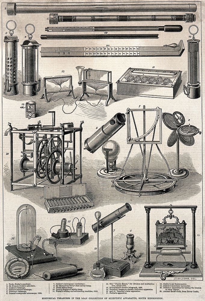 A collection of telescopes and other optical instruments. Engraving.