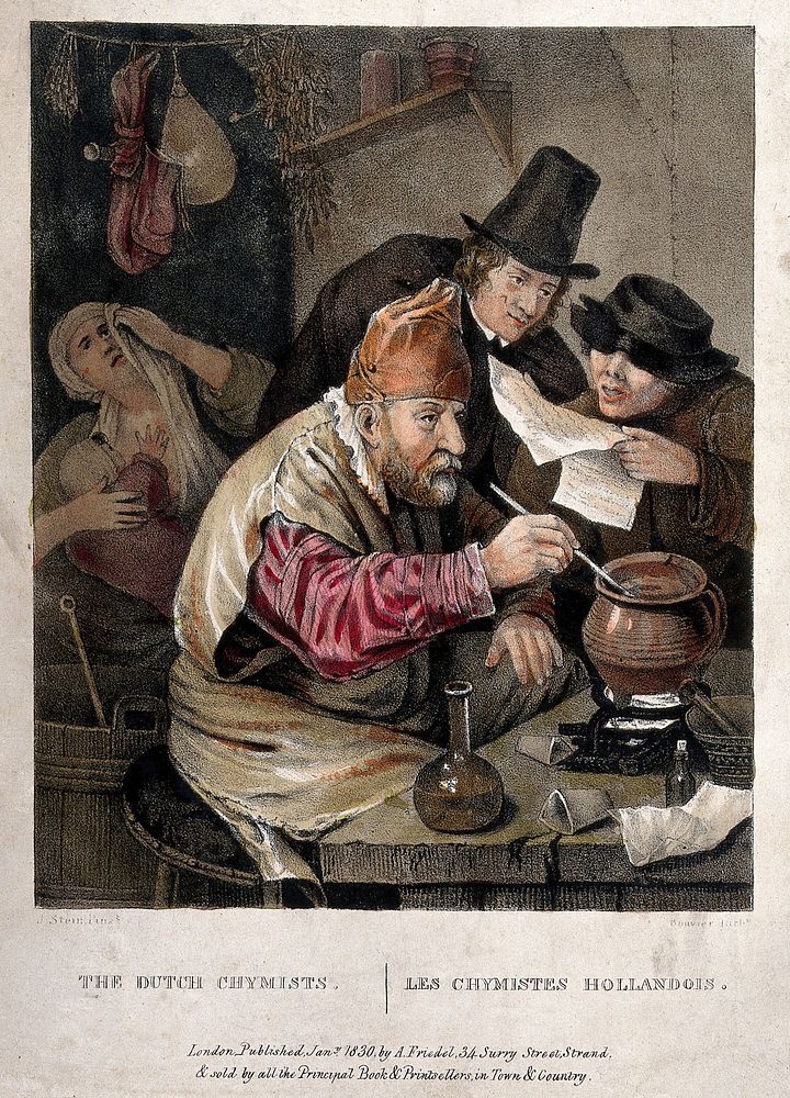 An alchemist hunched over his crucible; an assistant reads him a recipe, watched by an onlooker; the alchemist's wife weeps…