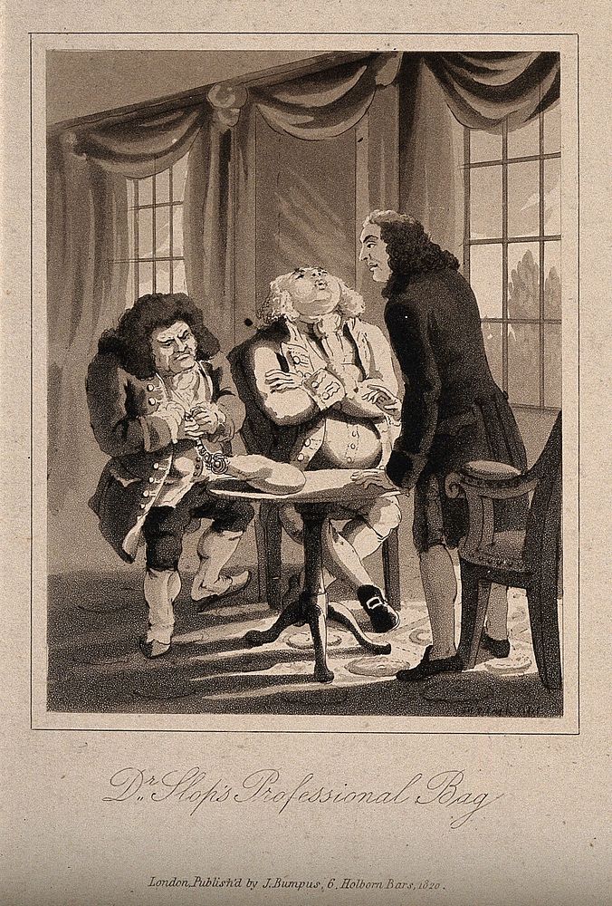 An episode in Tristram Shandy: Dr. Slop clinging on to his bag, after two gentlemen (one of them Tristram Shandy's father)…