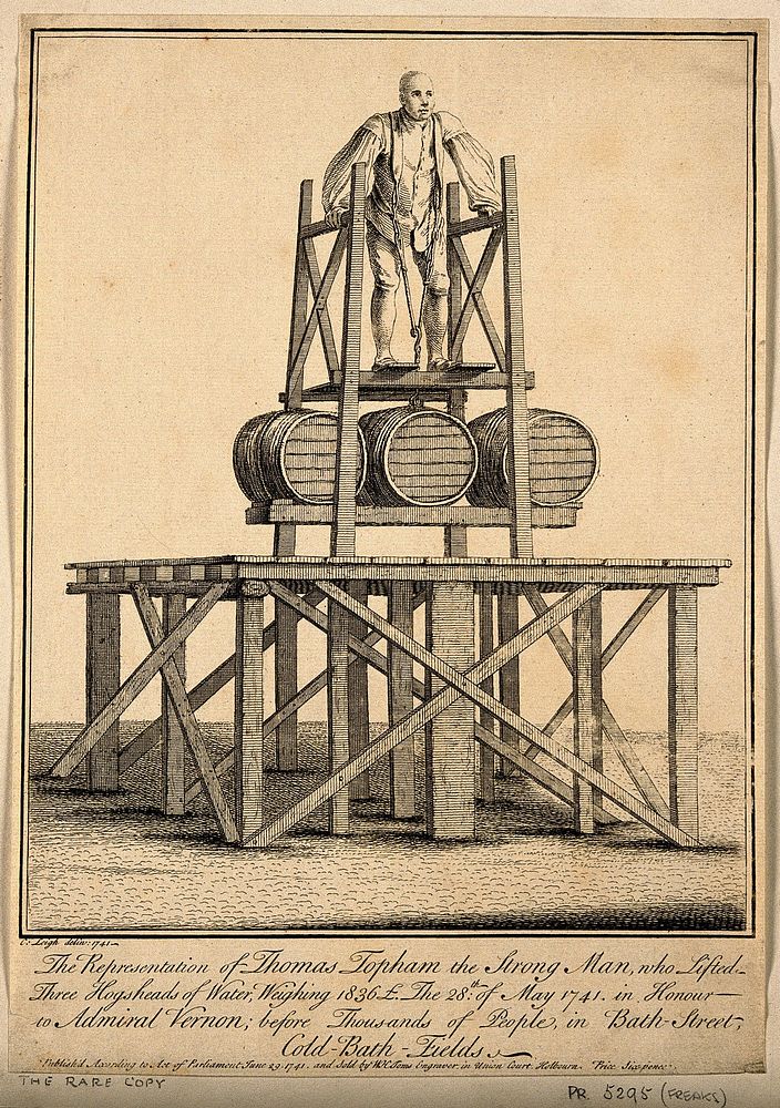 Thomas Topham, lifting 1836 lbs. Etching by C. Leigh, 1741, after W.H. Toms.