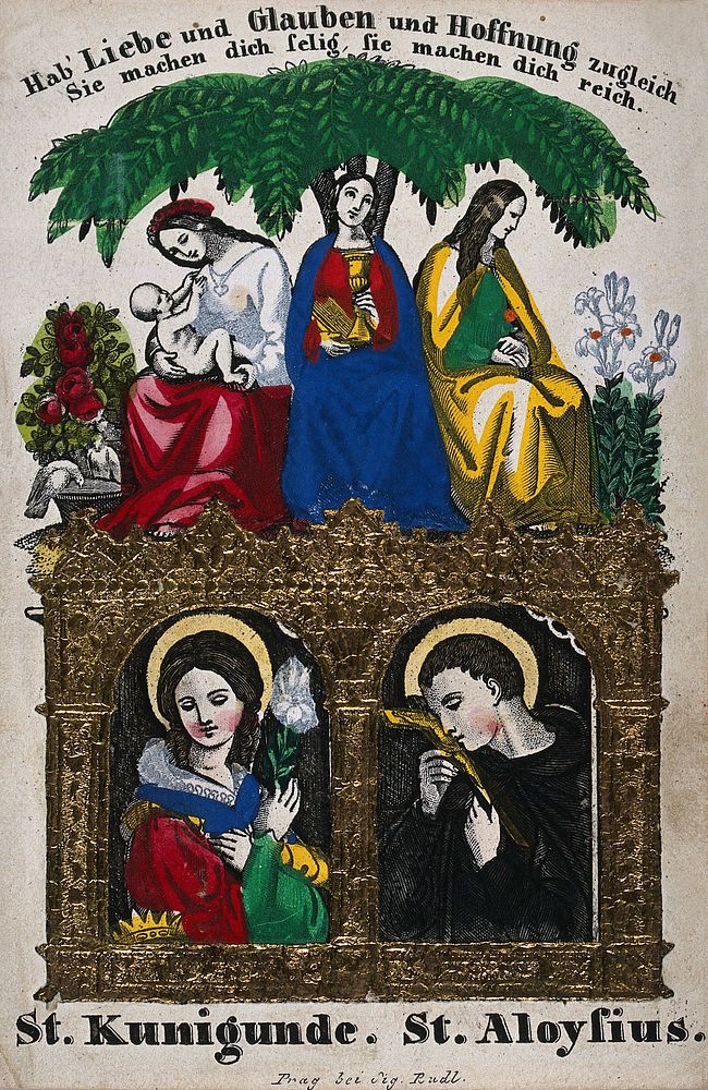 Saint Cunegunda and Saint Aloysius Gonzaga; above them the figures of Charity, Faith and Hope sitting under a tree. Coloured…