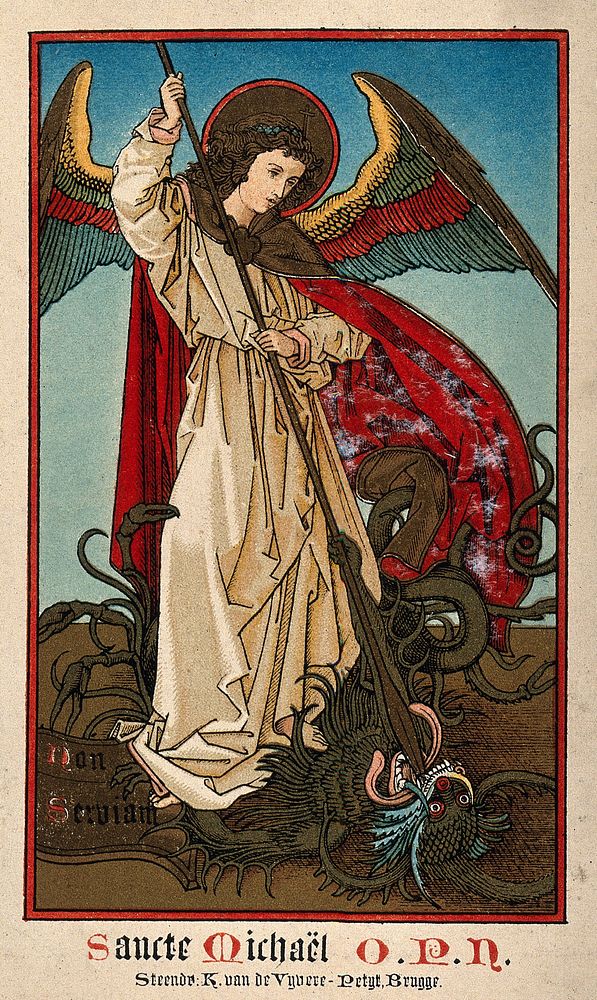 Saint Michaël the Archangel. Colour lithograph.