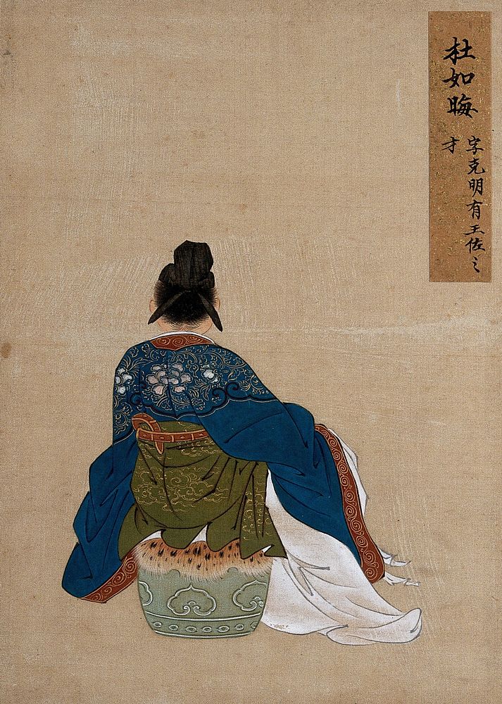 A Chinese figure, seated and seen from the back, wearing dark blue silk robes with a brown border. Painting by a Chinese…
