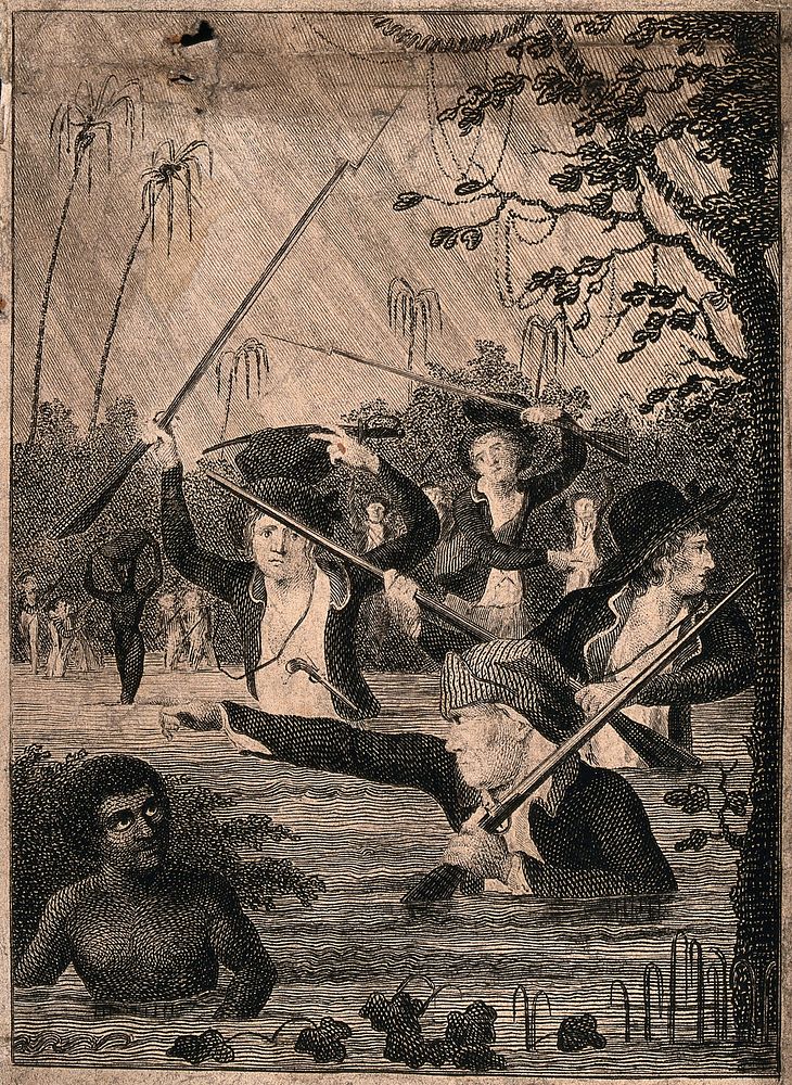 Surinam: white men with rifles are holding them high as they make their way through a swamp after a black man. Engraving…