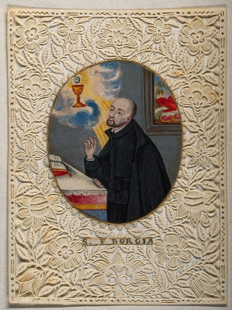 Saint Francis Borgia praying at an altar. Gouache painting with cut-paper border.