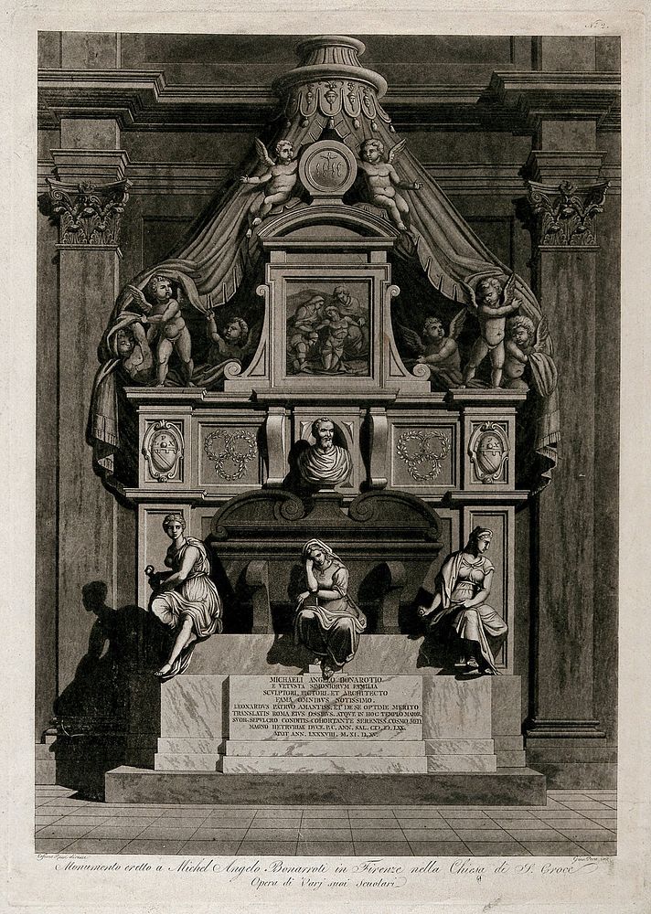 The tomb of Michelangelo Buonarroti in the church of Santa Croce, Florence. Etching by G. Pera, 180-, after C. Rossi…