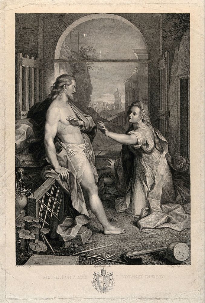 The risen Christ asks Mary Magdalene not to touch him. Engraving by R. Morghen after S. Tofanelli after F. Barocci.