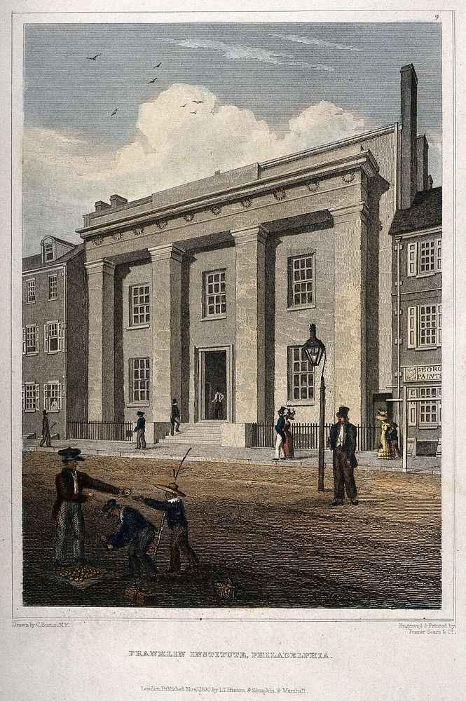 Franklin Institute, Philadelphia. Coloured engraving by Fenner Sears & Co., 1830, after C. Burton.